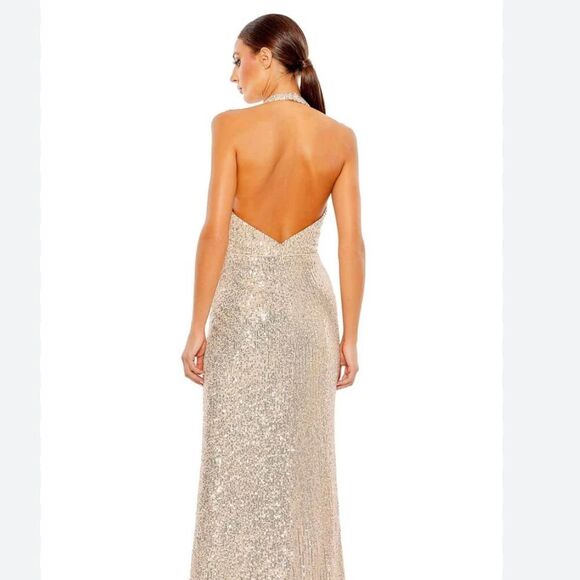 NEW Mac Duggal 11277 Women's Ieena Sequined Halter Strap Plunge Neck Gown - Picture 3 of 6